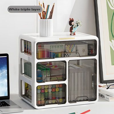 3 layers Drawer desktop storage box 3 floors Drawer desktop storage box Rebrilliant Finish: White | Rebrilliant Marypatricia Plastic 3 Compartment Makeup Organizer 12.7 H x 13.1 W x 9.2 D in Plastic in White | 12.7" H X 13.1" W X 9.2" D | Wayfair Cool Storage Boxes, House Decor Simple, Desktop Storage Drawers, Work Desk Organization, College Dorm Room Inspiration, School Storage, Creative Closets, Room Organisation, Diy Room Decor For Teens