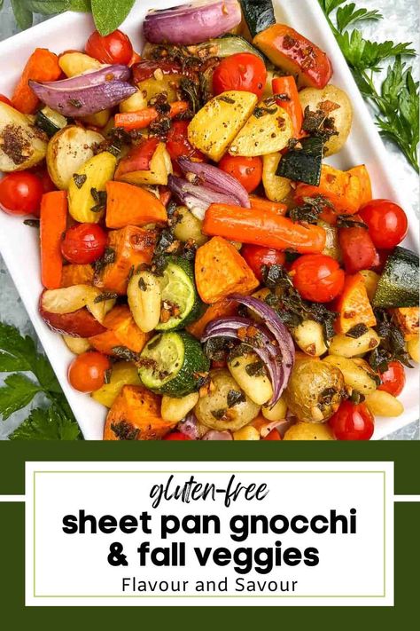 This recipe for sheet pan roasted gnocchi with fall vegetables combines your favourite harvest vegetables with crispy, pillowy soft gnocchi! Healthy vegetables tossed in an amazing browned butter sage sauce make a delicious vegetarian main dish or side. Roasted Gnocchi, October Recipes, Butter Sage Sauce, Brown Butter Sage Sauce, Harvest Vegetables, Sage Sauce, Gluten Free Gnocchi, Fall Veggies, Pan Recipe