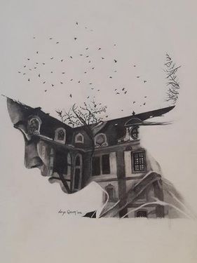 "Home of Memories," original portrait drawing by artist Derya Qasem (Turkey) available at Saatchi Art. #SaatchiArt Art About Memories, Childhood Memories Art Drawings, Memories Drawing Ideas, Drawing Memories, Memories Drawing, Faces Sketch, Memory Art, Memory Drawing, Memories Art