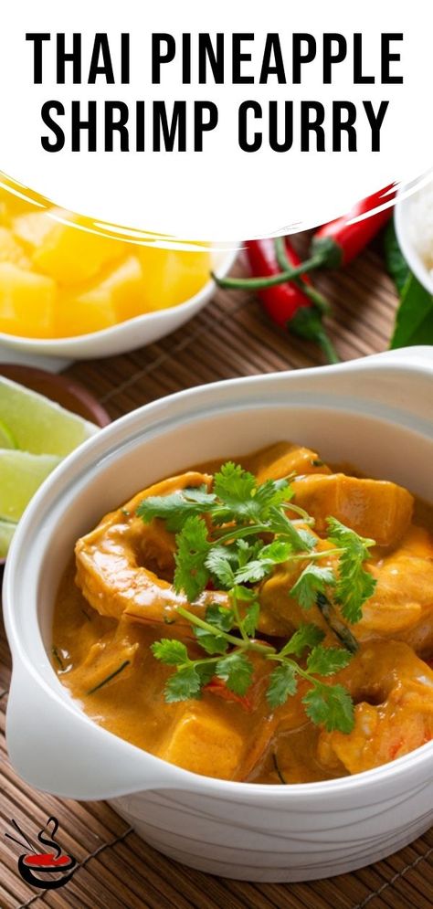 This easy Thai Pineapple Shrimp Curry is the perfect balance of sweet and savory. Perfectly cooked shrimp with sweet, juicy pineapple are paired in an aromatic Thai Red Curry base, topped with fresh cilantro then served with steamed rice. Easy Asian Dishes, Curry Base, Asian Seafood, Pineapple Shrimp, Shrimp Curry, Asian Dinner, Cooked Shrimp, Asian Dinner Recipes, Asian Dinners