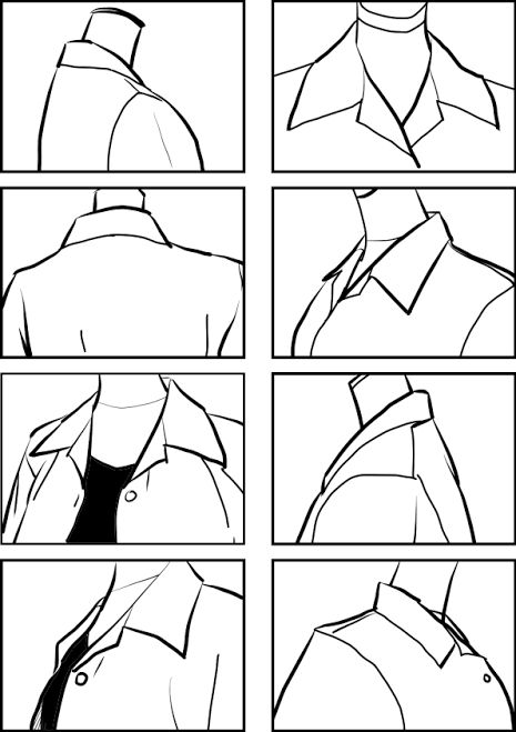 Scarf Drawing Tutorial, Standing Menacingly Reference, Accessory Ideas Drawing, Off The Shoulder Jacket Reference, Jacket Side View Drawing, How To Draw Shirt Collars, Coat Art Reference, Removing Shirt Pose Reference, How To Draw Collar