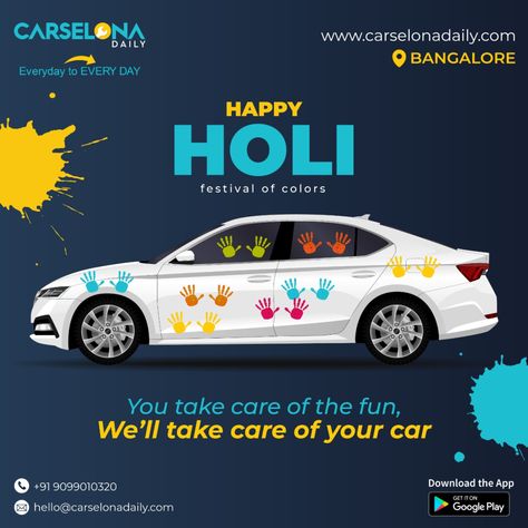 Carselona is here for you even if you let your car play Holi! We’ll make your car look as good as you...errr...incase you haven’t played Holi or new! So don’t miss out on the fun and have an awesome and safe Holi! #carwash #carcleaningbangalore #carcleaning Download Android App: bit.ly/carselonadaily Holi Post, Holi Offer, Garage Logo, Holi Poster, Car Advertising Design, Holi Festival Of Colours, Holi Colors, Good Color Combinations, Holi Festival