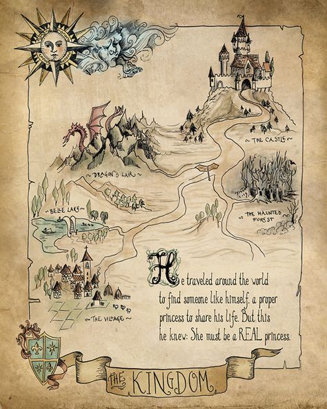 The Princess and The Pea by Biljana Kroll, via Behance Fairytale Map Illustration, Storybook Map, Fairy Map, Dragon Medieval, Moon In Aries, The Princess And The Pea, Full Moon In Aries, Fantasy Map Making, Castle Drawing