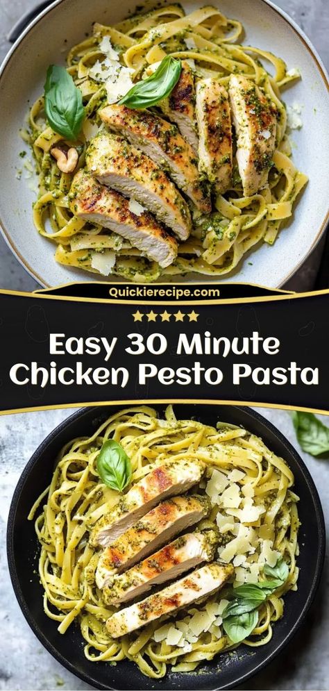 In just 30 minutes, you can enjoy this Easy 30 Minute Chicken Pesto Pasta, combining tender chicken, al dente pasta, and a flavorful pesto sauce for a quick and satisfying meal. Ingredients: 2 chicken breasts, cooked and sliced 12 oz pasta of choice 1/4 cup pesto sauce 1/2 cup Parmesan cheese A quick, flavorful pasta that’s perfect for busy nights Creamy Chicken Pesto Pasta, Pesto Cream Sauce, Pesto Pasta Recipes Chicken, Chicken Pesto Pasta, Creamy Pesto Chicken Pasta, Creamy Pesto Pasta, Chicken Pesto Recipes, Chicken And Pasta, Pesto Pasta Recipes