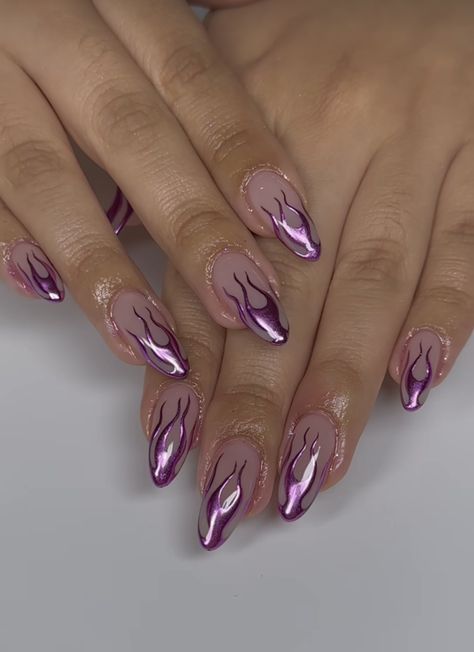 Metallic Flame Nails, Chrome Flame Nails, Purple Flame Nails, Purple Flame Nails Acrylic, Pink And Purple Flame Nails, Pink Chrome Flame Nails, Pumpkin Nail Designs, White Tip Nails, November Nails