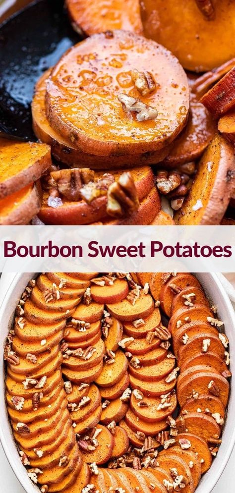 These Bourbon Sweet Potatoes are my twist on candied sweet potatoes. Sweet potato rounds are topped with a butter, maple syrup, bourbon, and cinnamon mixture and baked until soft and tender. Top them with chopped pecans and flaky sea salt for a holiday side dish everyone will love! #sweetpotatoes #bourbon #sidedish #thanksgivingrecipes #christmasrecipes #candiedsweetpotatoes Maple Bourbon Sweet Potato Casserole, Pecan Sweet Potato Recipes, Maple Bourbon Sweet Potatoes, Honey Butter Sweet Potatoes, Thanksgiving Side Sweet Potato, Thanksgiving Sweet Potato Sides, Bourbon Potatoes, Bourbon Sweet Potato Casserole, Best Sweet Potato Recipes Thanksgiving