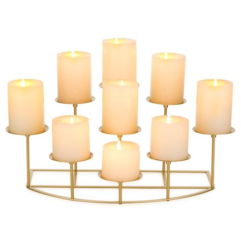 PRICES MAY VARY. 【SIMPLE AND ELEGANT】-Candeldo gold fireplace candle holder has a unique design with nine different heights, the fireplace candelabra is painted in black matte, with its sleek shape and sharp finishes, add a clean, simple, cute yet elegant beauty to any space. 【STURDY AND STABLE】-Candeldo gold fireplace candelabra is made of high-quality metal and the bases don’t get knocked over easily. 【EASY TO ASSEMBLE】-Candeldo pillar candle holders are durable, come in 18 pieces each and all Candles For Fireplace, Fireplace Candles Inside, Candles In Fireplace Ideas, Fireplace With Candles, Inside Fireplace, Fireplace Decor Candles, Gold Fireplace, Fireplace Candelabra, Fireplace Candles