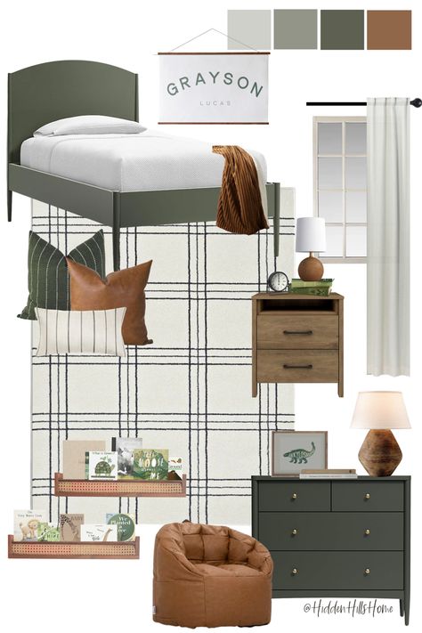 Boys bedroom mood board with an olive green bed! Green, brown, and beige tones throughout boys room Office Space In Open Concept Living Room, Boys Furniture Bedroom, Dark Grey Playroom, Framed Bedroom Wall, Bedroom Idea Board, Yellowstone Room Decor, Boys Room Grey Bed, Queen Bed Boys Room, Landing Furniture Ideas