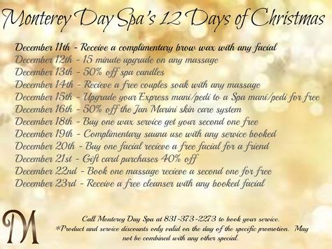 12 Days of Christmas Promo starting 12/11/13 12 Days Of Christmas Spa Ideas, 12 Days Of Christmas Spa Specials, 12 Days Of Christmas Esthetician, Massage Package Ideas, Christmas Massage, Esthetician Salon, Spa Promo, Christmas Salon, Massage Packages