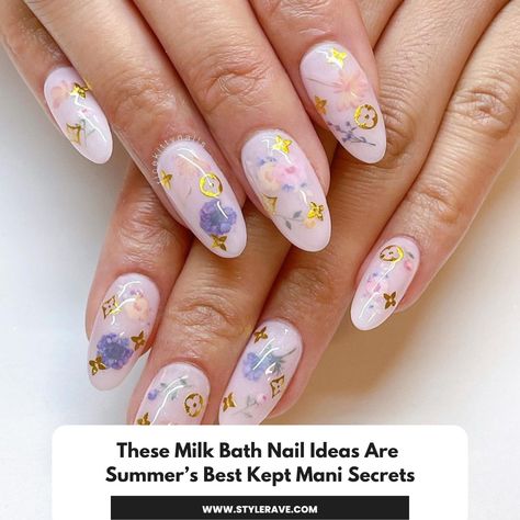 Milk bath nail ideas Nails Acrylic Summer 2023, Milk Bath Nails Acrylic, Fruit Milk Bath, Manicure Ideas Summer, Milk Bath Nails, Bath Nails, Nails Fruit, Holographic Nail Powder, Nails Flowers