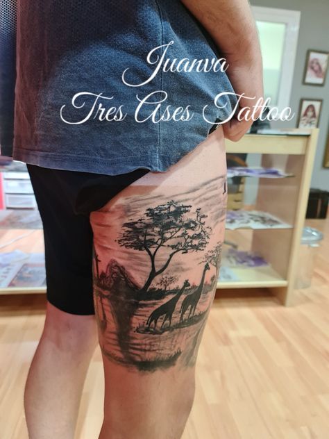 Muslo sabana africana Africa Safari Tattoo, Safari Leg Sleeve, Headphones Tattoo, Africa Tattoos, Best Leg Tattoos, Animal Sleeve Tattoo, Lash Quotes, Tattoos For Black Skin, Leg Sleeve