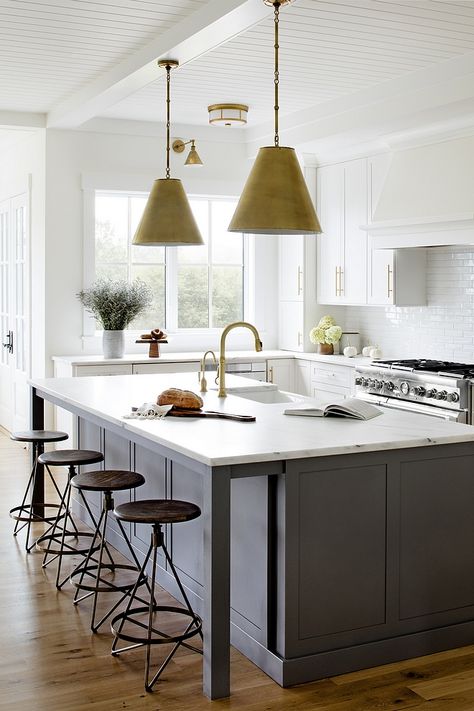 Dark grey island Dark grey kitchen island with honed white marble industrial backless counterstools brass cone pendant light and ceiling with tongue and groove paneling #kitchen #kitchenisland #darkgreykitchenisland #greyisland Kitchen Ceiling Design, Light Grey Kitchens, Grey Kitchen Island, Grey Kitchen Designs, Dark Grey Kitchen, Farmhouse Kitchen Island, Kitchen Cabinet Styles, Kitchen Ceiling, Ideas Hogar