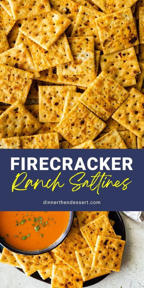 Firecracker Ranch Saltines are the perfect spicy snack. Simple saltine crackers are flavored with ranch seasoning, chili powder, and red pepper flakes. This simple trick can turn plain crackers into the perfect Appetizer Recipe. Ranch Saltines, Spicy Saltine Crackers, Seasoned Saltines, Spicy Saltines, Spicy Ranch Crackers Recipe, Ranch Crackers Recipe, Spicy Crackers Recipe, Seasoned Saltine Crackers, Saltine Cracker Recipes