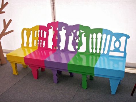 Painted Benches Outdoor, Rainbow Bench, Rainbow Lollipop, Painted Benches, Benches Outdoor, Russian Design, Garden Storage Shed, Shed Plan, Painted Chairs