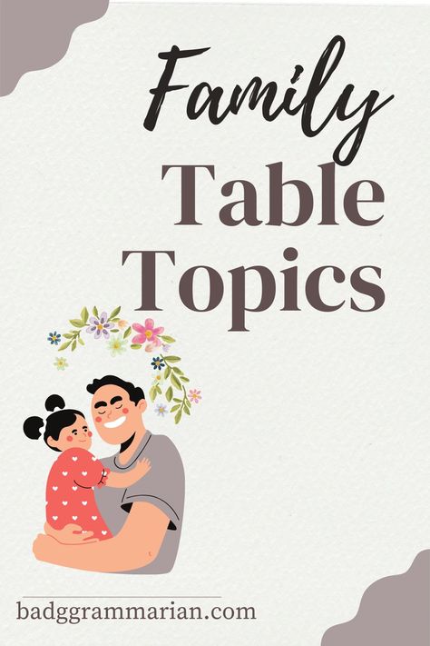 Family Table Topics Questions for your next gathering or your next Toastmasters meeting Table Topics Questions, Table Topics, Strong Family, Family Bonding, Family Table, Large Family, Host A Party, Dinner Table, First Love