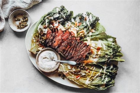 Grilled Romaine, Parmesan Crisps, Flat Iron Steak, The Butcher, Cracked Pepper, Pickle Relish, Grilled Steak, Caesar Salad, Croutons