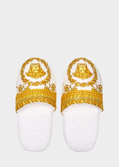 Versace I ♥ Baroque Bath Slippers - Home Collection | US Online Store. I ♥ Baroque Bath Slippers by Versace Home. I ♥ Baroque luxury bath slippers in absorbent, soft cotton. Versace Slippers, Wealthy Lifestyle Luxury, White Slippers, Luxury Clothes Men, Luxury Duvet Covers, Versace Handbags, Classy Shoes, Versace Home, Luxury Bath