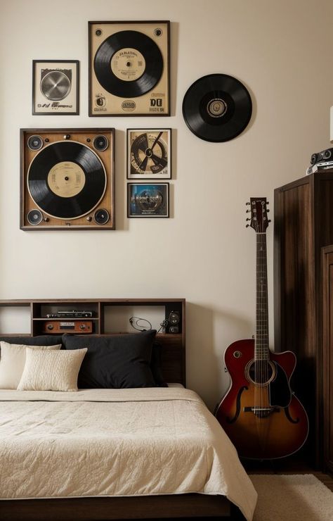 Create a musical haven by displaying your guitars on the wall as art pieces. Accentuate the space with vintage record players and album covers for a nostalgic feel. Guitars On The Wall, Record Album Wall Art, Bedroom Guitar, Vintage Record Players, Guitar Setup, Setup Ideas, Record Wall, Dreamy Bedrooms, Record Players