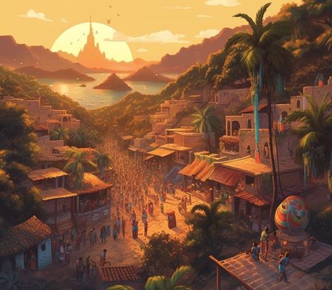 Haitian Cityscape African Castle Fantasy Art, Africa Concept Art, African Palace Fantasy Art, African Fantasy Landscape, African Fantasy Art Landscape, African Landscape Art, African Fantasy City, Fantasy Savannah, African Castle