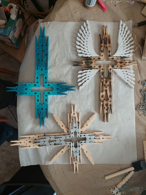 My versions of the wooden clothespin cross. Clothespin Cross Diy, Cloth Pin Crafts, Clothes Pin Crafts For Adults, Clothes Pins Crafts, Clothes Pin Cross, Clothespin Crosses, Diy Crosses, Clothespin Cross, Paper Cross