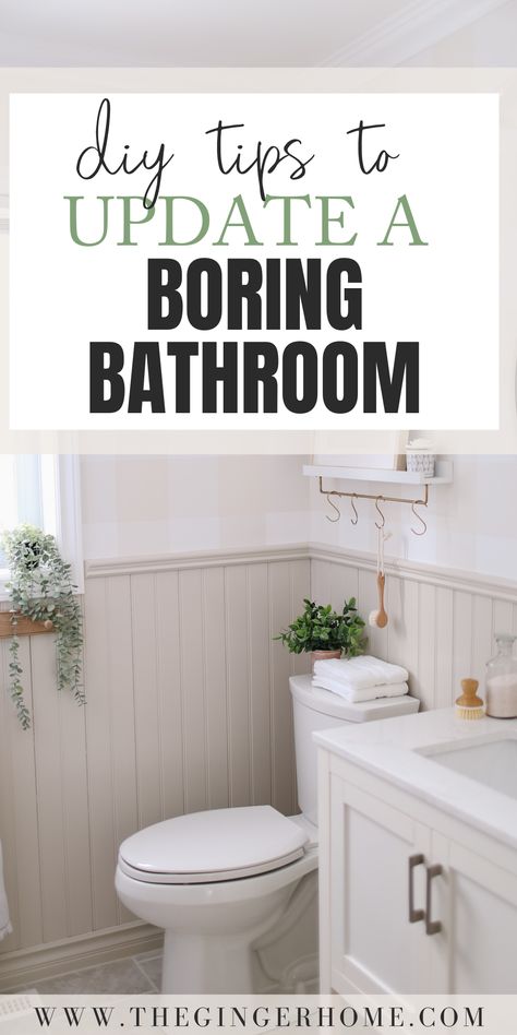 How to update a small bathroom on a budget. English country style bathroom. How to decorate + organize a small bathroom. Small bathroom makeover. Small bathroom renovation before + after. Small bathroom decor. Narrow Bathroom Paint Ideas, Small Bathroom With Window Ideas, Half Tiled Bathroom Walls Small Spaces, Brown Half Bathroom Ideas, Small Bathroom Trim Ideas, Small Bathroom Redesign, Super Small Bathroom Ideas On A Budget, Tiny Bathroom Color Ideas, Small Bathroom Design On A Budget