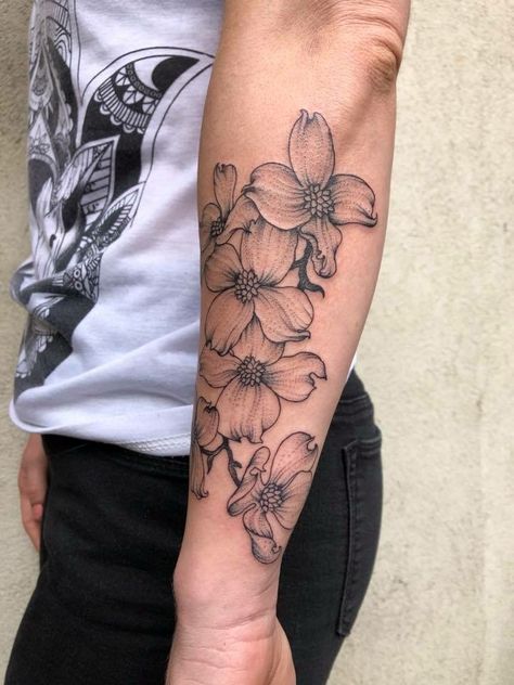 Dogwood Bouquet Tattoo, Dogwood Flowers Drawing, Cross With Dogwood Flowers Tattoo, Dogwood Flower Tattoo Forearm, Dogwood Tree Tattoos For Women, Fine Line Dogwood Flower Tattoo, Dogwood Shoulder Tattoo, Dogwood Flower Tattoo Shoulder, Flowering Dogwood Tattoo