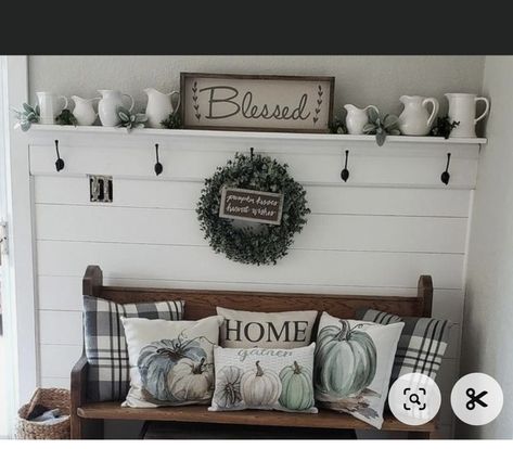 Shoe And Coat Storage Entryway Rustic, Stairway Bench Ideas, Wall With Bench Decor, Entryway Pew Bench Decor, Front Entry Bench Farmhouse, Fall Entry Bench Decor, Inside Bench Decor, Entry Bench With Back, Old Church Pews Ideas