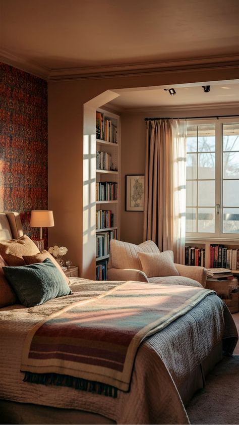 Cozy bedroom with a large bed, a reading nook with an armchair, a bookshelf, and sunlight streaming through the window. Bedroom Ideas Cozy Warm, Cozy Bedroom Aesthetic, Cozy Bedroom Colors, Cozy Bedroom Decor, Plush Rugs, Blankets Soft, House Ceiling Design, Relaxing Space, Uni Room