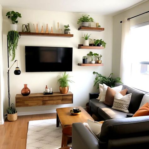 11 Creative Small Living Room Ideas with TV on Wall to Enhance Your Space - HearthandPetals Small Living Room Ideas With Tv, Cozy Textiles, Shelves Floating, Small Living Room Layout, Design Tricks, Smart Organization, Saving Techniques, Gallery Ideas, Living Room Setup