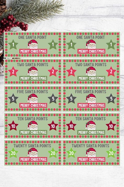 Add some fun to the Christmas holiday season with these printable Santa reward points tickets. They are a fun alternative to rewarding kids with dollars / bucks. Children are encouraged and motivated to get their chores done every day and they can collect Santa point reward tickets as they do so. To be used to "purchase" certain fun Christmas family activities, good behavior, snacks, treats, screen time etc. Christmas Family Activities, Reward Tickets, Chore Rewards, Movie Night Dinner, Christmas Activities For Families, Christmas Coupons, Santa Letter Template, Awesome Elf On The Shelf Ideas, Kids Rewards