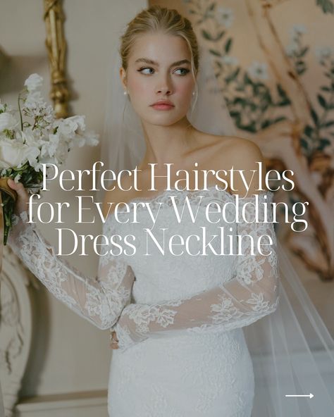 Perfect Hairstyles for Every Wedding Dress Neckline ✨ Complete your wedding look with the perfect hairstyle to complement your gown! Here’s some inspiration: 🤍 High Neckline: A sleek updo or a low bun creates a clean and elegant look that balances the high neckline. 🤍 Sweetheart Neckline: A romantic half-up/half-down style with soft curls adds a touch of whimsy and complements the sweetheart shape. 🤍 Off-the-Shoulder Neckline: Show off those delicate shoulders with a romantic updo or cas... Wedding Gown Hairstyle, Gown Hairstyle, Wedding Dress Neckline, Off Shoulder Wedding Gown, Wavy Updo, Hairstyles For Gowns, Classic Updo, Romantic Updo, Sleek Updo