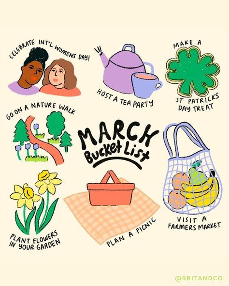 Brit + Co on Instagram: "Hello March ✨ It’s time to welcome Spring and celebrate women everywhere 💛 ⁠ Here's what's on our March Bucket List:⁠ 1️⃣ celebrate international womens day (it’s March 8!) 🫶 2️⃣ host a tea party 🫖 3️⃣ bake a st patty’s day treat 🍀 4️⃣ ⁠visit a farmers market 🍉 5️⃣ plan a picnic 🧺 6️⃣ go on a nature walk 🌳 Tell us what you're most looking forward to this month 👇 ⁠ #bucketlist #march #hellomarch #hellospring #firstdayofspring #stpatricksday #stpaddysday #spring #s March Bucket List, Host A Tea Party, St Patrick Day Treats, Flower Garden Plans, Monthly Activities, Celebrate Women, Word Challenge, Hello March, Unique Words Definitions