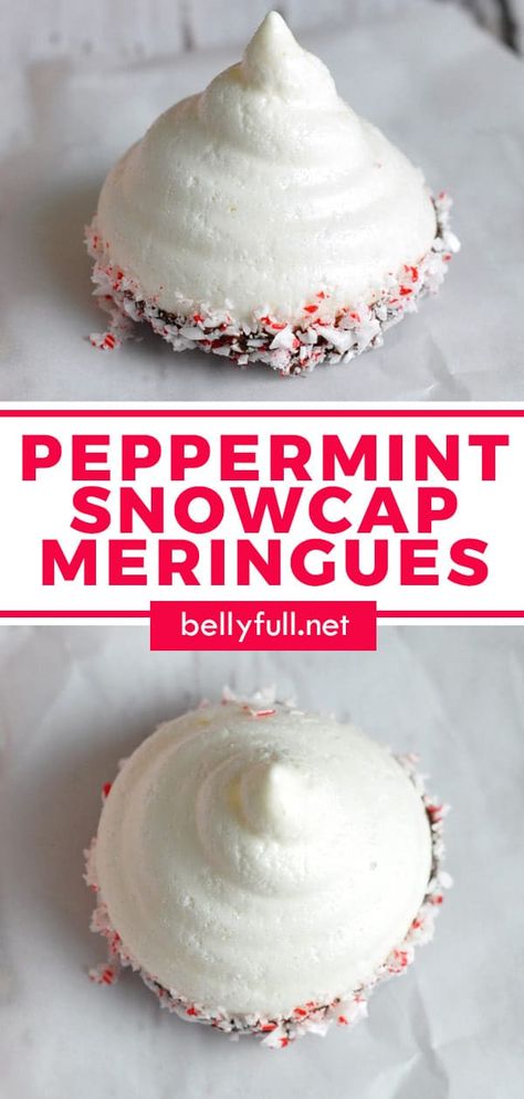 These Peppermint Snowcap Meringue Cookies are crunchy, airy, super light, and dipped in chocolate and crushed peppermint candies, making them a favorite at holiday time - beautiful on a Christmas dessert tray. Peppermint Meringue Cookies, Peppermint Meringue, Peppermint Meringues, Peppermint Treats, Meringue Cookie, Meringue Cookie Recipe, Meringue Recipe, Christmas Cookie Exchange, Christmas Candy Recipes