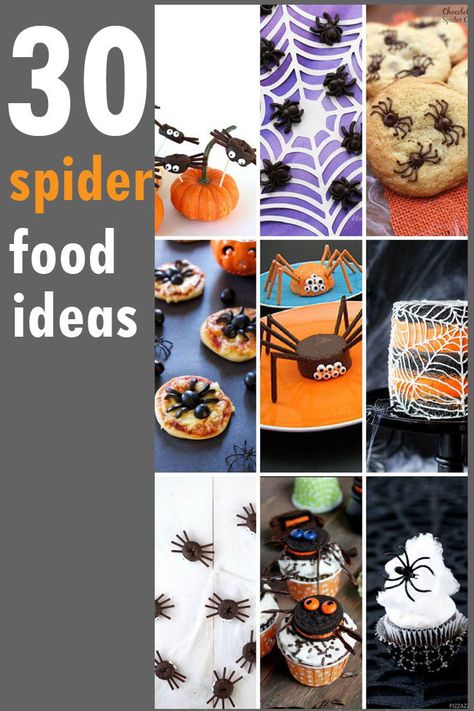 SPIDER FOOD IDEAS: a collection of spider-themed treats and crafts for Halloween. Fun food for Halloween and DIY Halloween decor ideas. Spider Dinner Ideas, Spider Food Halloween, Spider Halloween Snacks, Halloween Spider Food Ideas, Spider Food Ideas For Kids, Halloween Food Spider, Edible Spiders For Halloween, Spider Treats For Halloween, Spider Food Ideas