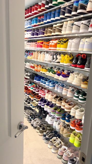 Jordan Wall, Sneakers Guide, Sneakerhead Room, Sneaker Closet, Minion Sneakers, Pretty Sneakers, Kd Sneakers, Huge Closet, Shoe Room