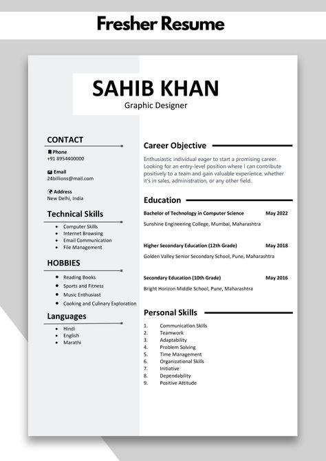 Fresher Resume Template | Fresher Resume Template Word/pdf Best Resume Format For Freshers In India, Fresher Resume Format, Resume Templates For Freshers, Cv Format For Freshers, Best Resume Format For Freshers, Resume Template For Freshers, Resume For Freshers, Resume Design Inspiration, Fresher Resume