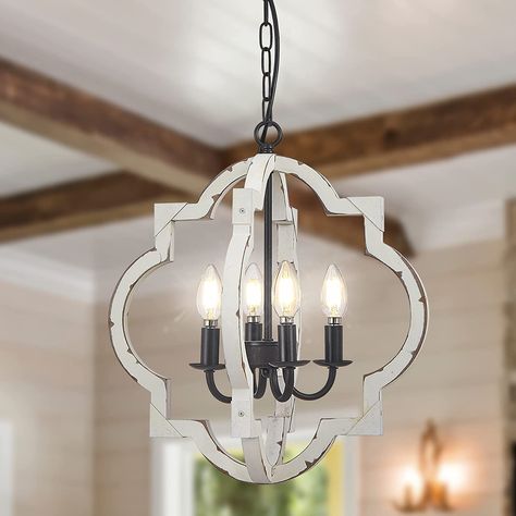 Fabulis 4-Light Farmhouse Orb Chandelier, Hand-Painted Distressed Wood Hanging Island Light Fixture for Dining Foyer Entryway Lighting (Distressed White, 4-Light) - - Amazon.com Candlestick Chandelier, Chandelier Industrial, Wood Light Fixture, Orb Chandelier, Farmhouse Chandeliers, Cage Chandelier, Wood Island, Kitchen Chandelier, Wooden Chandelier