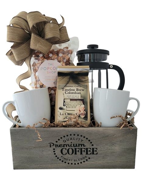 Coffee break gift basket - Sun Valley Baskets & Gifts Company Gift Baskets, Coffee Box Gift Ideas, Wooden Crate Gift Basket Ideas, Coffee Gift Basket Ideas, Gift Basket Coffee, Lebaran Hampers, Client Gift Baskets, Coffee Lover Gifts Basket, Auction Gift Basket Ideas