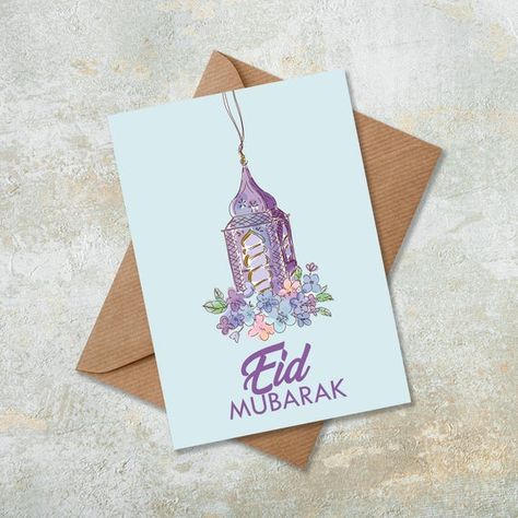 Kad Raya, Diy Eid Cards, Funny Wall Art Quotes, Eid Mubarek, Purple Lantern, Floral Lantern, Monochrome Posters, Ramadan Cards, Eid Card