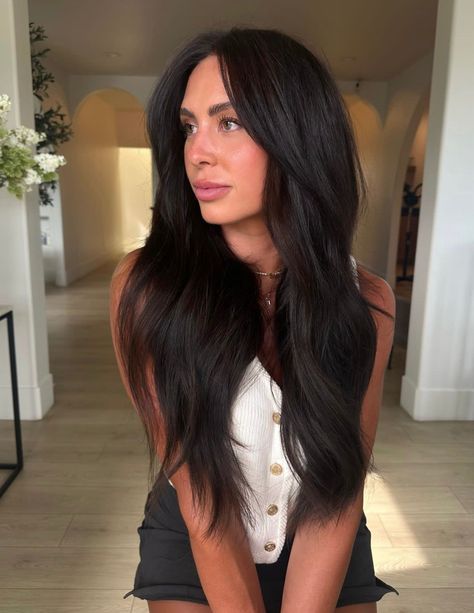 We love a rich and moody brunette 🖤 Reminder: It's time to restock your darker extension collection before the fall season hits! New Here? Head to our link in bio to start the approval process to shop our website! Hair by @ellestyledmyhair #hairextensions #weftextension #HairStylist #hairextensionscolors #wefthairextensions #extensionsspecialist #scottieandashton #Darkshades #darkshades Long Black Brown Hair, Dark Brunette Hair Extensions, Dark Brown To Black Hair, Extremely Dark Brown Hair, Rich Dark Brown Hair Color Balayage, Dark Espresso Brown Hair, Dark Brown Hair With Extensions, Ashy Dark Hair, Black Chocolate Hair