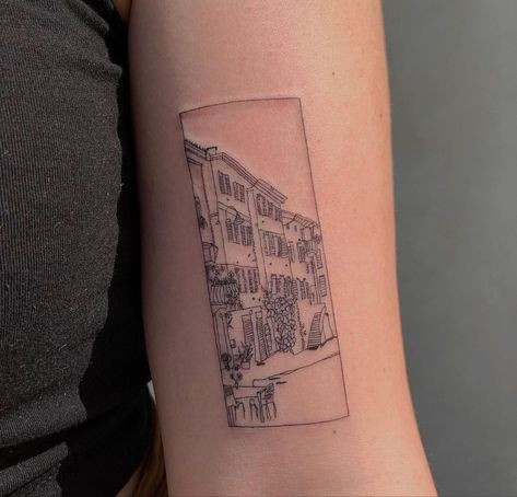 Cool Placement For Tattoos, City Outline Tattoo, Architecture Sketch Tattoo, London Tattoo Artist, Paris Inspired Tattoos, Balcony Tattoo, House Outline Tattoo, Art Gallery Tattoo, Rome Inspired Tattoos