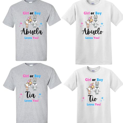 Personalized Gender Reveal Matching Shirts Looney tunes Theme #genederreveal #genderrevealshirts #personalizedshirts #looneytunes #bugsbunny #lolabunny #matchingshirts Looney Tunes Gender Reveal, Gender Reveal Shirts, Bugs Bunny, Reveal Parties, Gender Reveal Party, Matching Shirts, Looney Tunes, Personalized Shirts, Gender Reveal