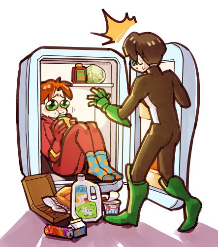 How'd did Wally get into Kyle's fridge. How?? Kyle Rayner And Wally West, Barry Allen And Wally West Fanart, Wally West And Kyle Rayner, Dc Kyle Rayner, Kyle Rayner X Wally West, Casual Titans, Dc The Flash, Young Justice League, Kyle Rayner