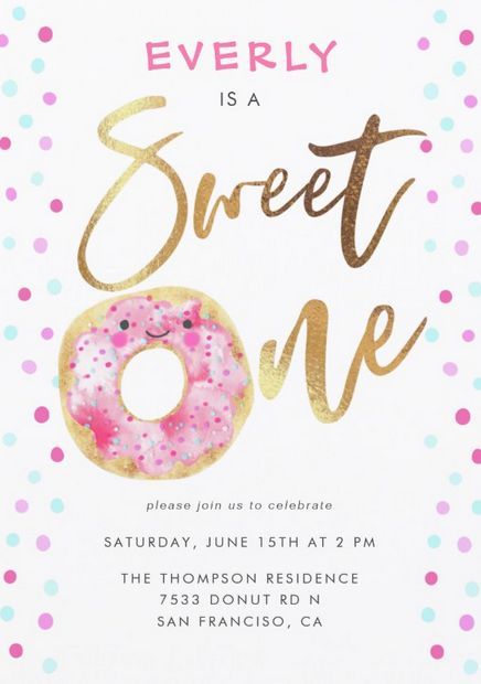 Cute and colorful girl's first birthday party invitations featuring watercolor illustration of a pink donut with colorful sprinkles. The faux gold text says "sweet one." afflink Two Sweet 2nd Birthday, Sweet One 1st Birthday, Donuts Sprinkles, Two Sweet Birthday, 2nd Birthday Party For Girl, Girls Birthday Party Themes, Donut Birthday Parties, Second Birthday Ideas, Donut Birthday