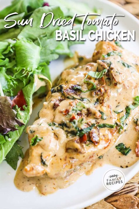 This creamy chicken dinner is pan seared to perfection and ready in 30 minutes! With little to no work, this is a family friendly recipe and will be a staple in your house. Fresh basil and sweet sun dried tomatoes turn into a creamy sauce for tender chicken breast that makes this dinner go great with anything, so try it with pasta, potatoes, or a salad! Sun dried tomato and basil chicken is the best weeknight dinner! If you need an easy chicken dinner idea, this is it! Tomato And Basil Chicken, Tomato Basil Chicken Recipe, Sundried Tomato Recipes, Creamy Chicken Dinner, Sundried Tomato Chicken, Cream Sauce For Chicken, Tomato Basil Chicken, Sun Dried Tomato Sauce, Easy Chicken Dinner