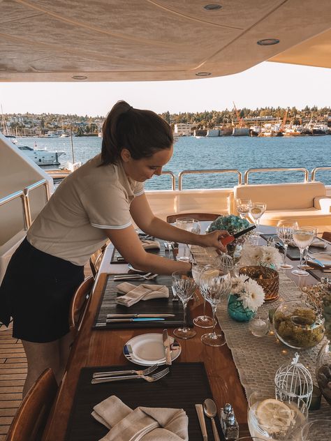 Cruise Ship Job Aesthetic, Yachtie Aesthetic, Yacht Stewardess Aesthetic, Yachtie Life, Yacht Dinner, Yacht Aesthetic, Yachts Girl, Yatch Boat, Resort Photos