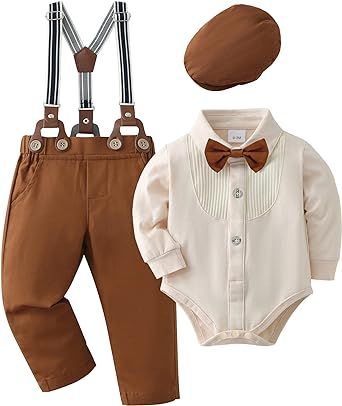 Baby Boy Dress Clothes, Baby Tuxedo, Dark Brown Pants, Boy Baptism Outfit, Gentleman Outfit, Bodysuit Shirt, Baby Boy Dress, Bowtie And Suspenders