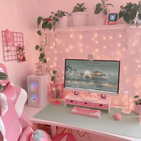 Aesthetic Home Office, Games Room Inspiration, Gaming Desk Setup, Game Aesthetic, Cozy Desk, Dream Desk, Pastel Room Decor, Study Desk Decor, Gamer Setup