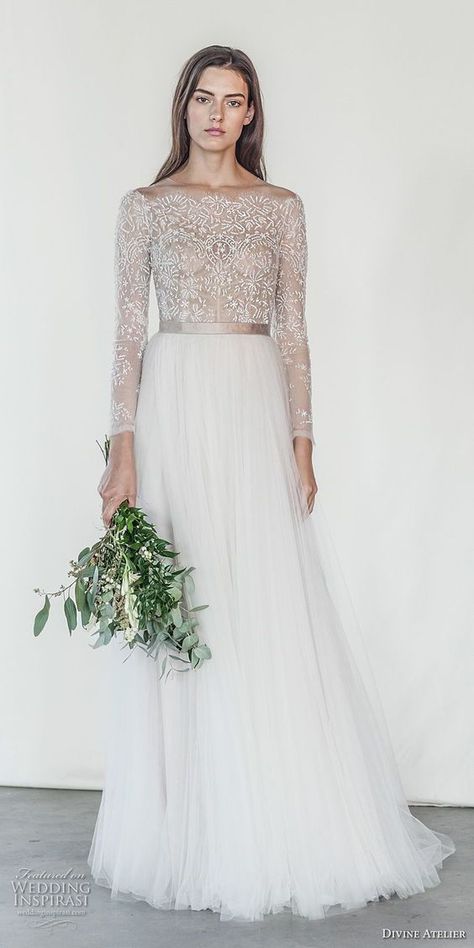 Lace Top Tulle Skirt Wedding Dress, Skirt And Top Wedding Dress, Vintage Wedding Dress 1920s, Divine Atelier, Wedding Dress Sheer, Sukienki Maksi, 1920s Wedding Dress, Wedding Inspirasi, Sheer Wedding Dress