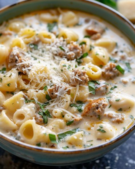 Made this for the playoffs and the pot was scraped clean! Need to double the batch next time! Creamy Italian Sausage Pasta Soup, Potato Soup Sausage, Soups In Dutch Oven, Soups For 2 People, Ground Sausage Soup, Small Batch Soup Recipes, Easy Sausage Soup, Dutch Oven Soups, Crockpot Comfort Food Recipes